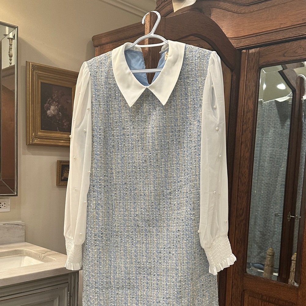 Light Blue Tweed Long-Sleeve Shift Dress with White Peter Pan Collar